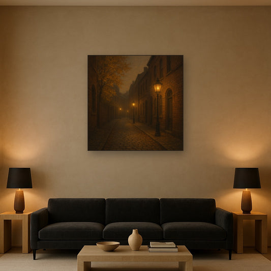 London Gaslamp Alley in Autumn Dusk No. 18 Oil Painting Staged Above Sectional Sofa in Living Room, Hand Painted Canvas Wall Art for Home Decor