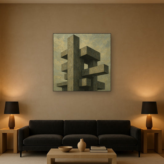 Brutalist Concrete Monolith & Sky No. 7 Oil Painting - Styled in Modern Living Room