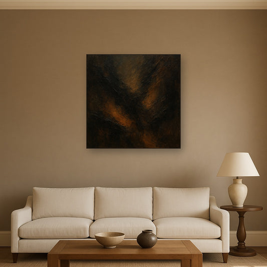 Smoky Topaz & Charred Wood Abstract No. 3 Oil Painting - Styled in Modern Living Room
