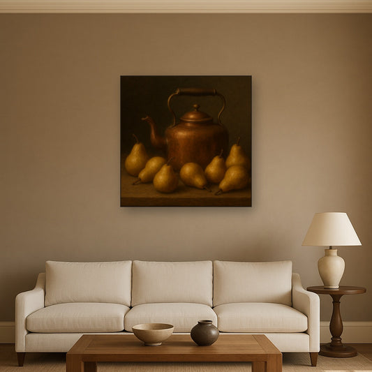 Antique Copper Kettle & Orchard Pears No. 6 Oil Painting Staged Above Sectional Sofa in Living Room, Hand Painted Canvas Wall Art for Home Decor