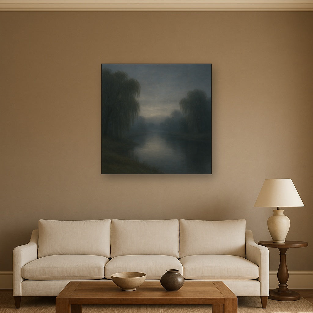 Tranquil Riverbank at Twilight Mist Oil Painting - View 2