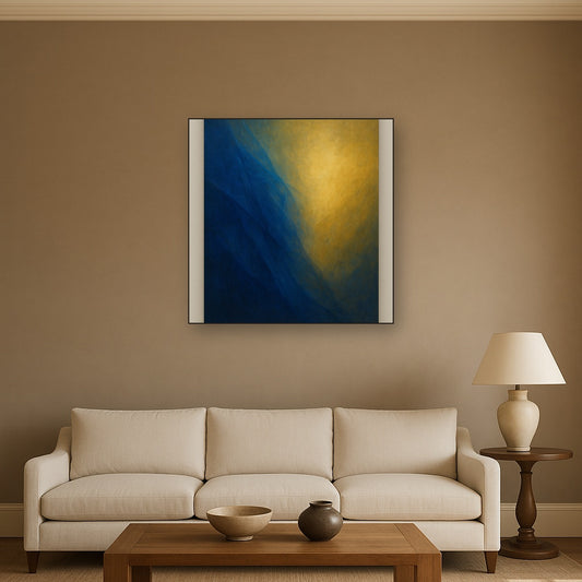 Lapis Lazuli & Golden Ochre Luminous Field No. 7 Oil Painting Staged Above Sectional Sofa in Living Room, Hand Painted Canvas Wall Art for Home Decor