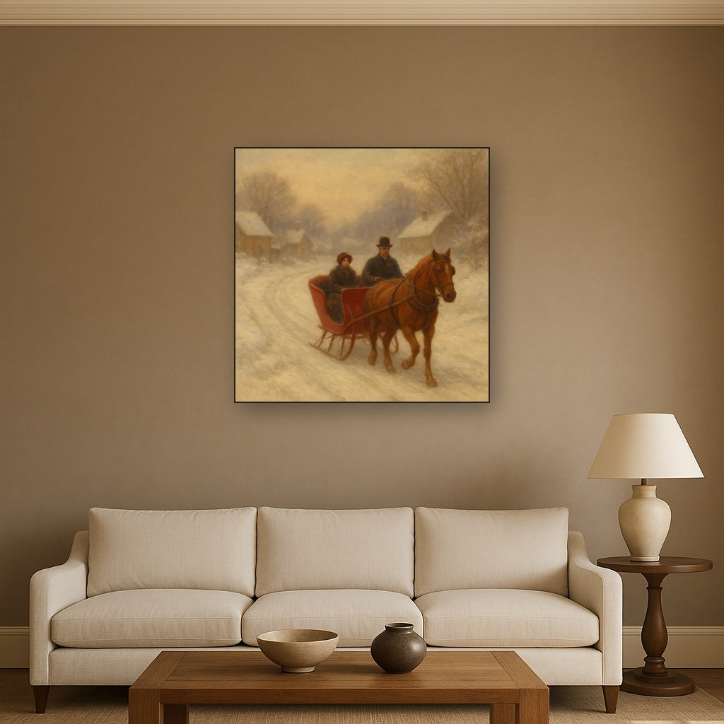 Horse-Drawn Sleigh on Village Snow Road No. 10 Oil Painting - View 2