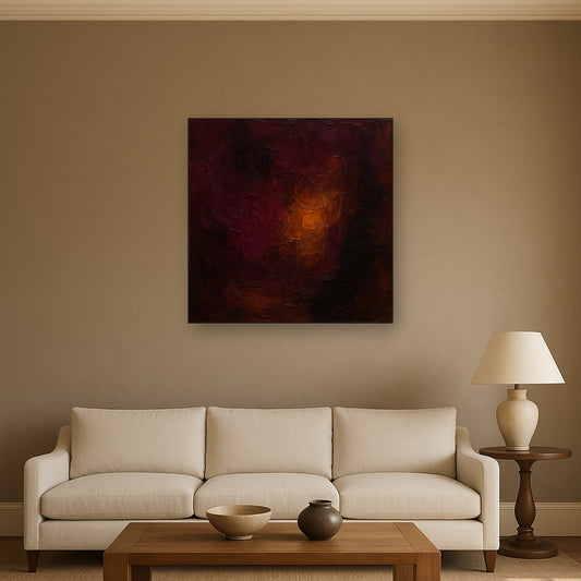 Rich Burgundy Plum & Velvet Amber No. 2 Oil Painting Staged Above Sectional Sofa in Living Room, Hand Painted Canvas Wall Art for Home Decor