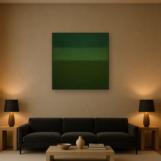 Forest Emerald & Deep Moss Contemplative Field No. 30 Oil Painting Staged Above Sectional Sofa in Living Room, Hand Painted Canvas Wall Art for Home Decor