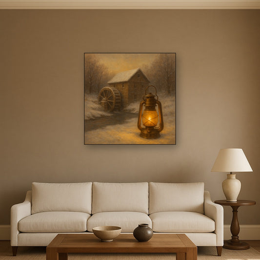 Snowy Mill Stream & Glowing Lantern No. 8 Oil Painting Staged Above Sectional Sofa in Living Room, Hand Painted Canvas Wall Art for Home Decor