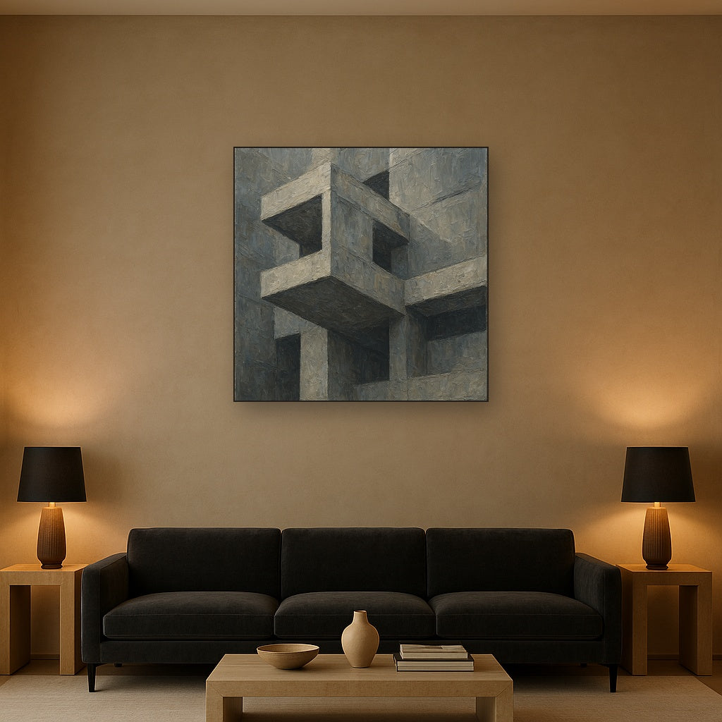 Brutalist Cantilevered Balcony Study Oil Painting - Styled in Modern Living Room