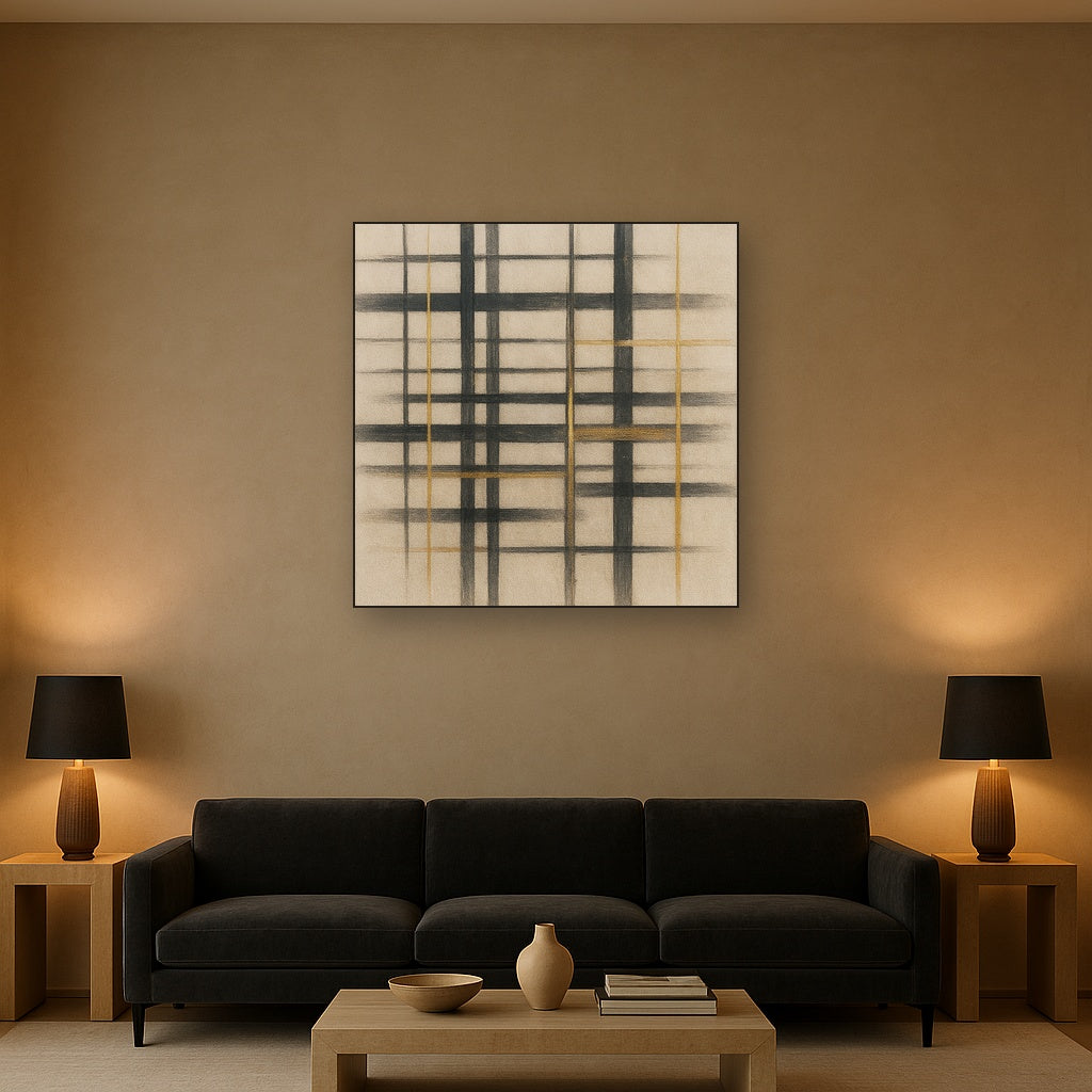 Abstract Woven Line Matrix in Charcoal & Gold No. 15 Fine Art Oil Painting - View 2