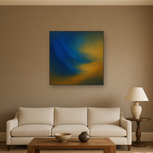 Lapis Lazuli & Golden Ochre Luminous Field No. 11 Oil Painting Staged Above Sectional Sofa in Living Room, Hand Painted Canvas Wall Art for Home Decor