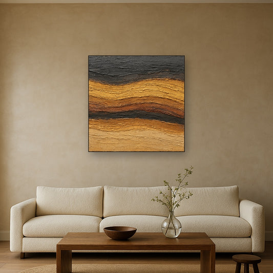 Mineral Strata Earthy Abstract Oil Painting - Styled in Modern Living Room