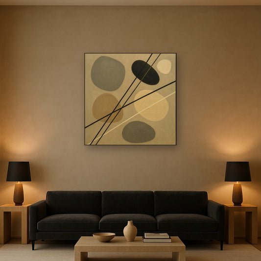 Organic Pebble Contours & Slanted Lines No. 5 Oil Painting Staged Above Sectional Sofa in Living Room, Hand Painted Canvas Wall Art for Home Decor