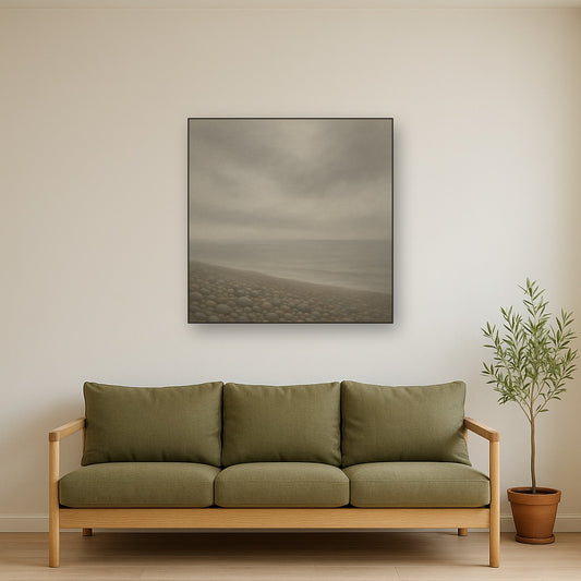 Overcast Coastal Fog & Wet Pebble Shingle No. 5 Oil Painting Staged Above Sectional Sofa in Living Room, Hand Painted Canvas Wall Art for Home Decor