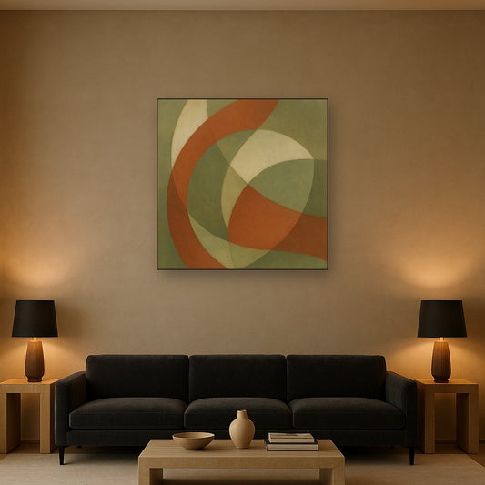 Intersecting Curved Forms in Olive & Rust No. 25 Oil Painting Staged Above Sectional Sofa in Living Room, Hand Painted Canvas Wall Art for Home Decor