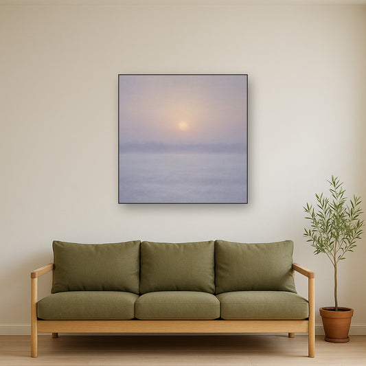 Winter Dawn Frost & Pale Silver Light No. 3 Oil Painting Staged Above Sectional Sofa in Living Room, Hand Painted Canvas Wall Art for Home Decor