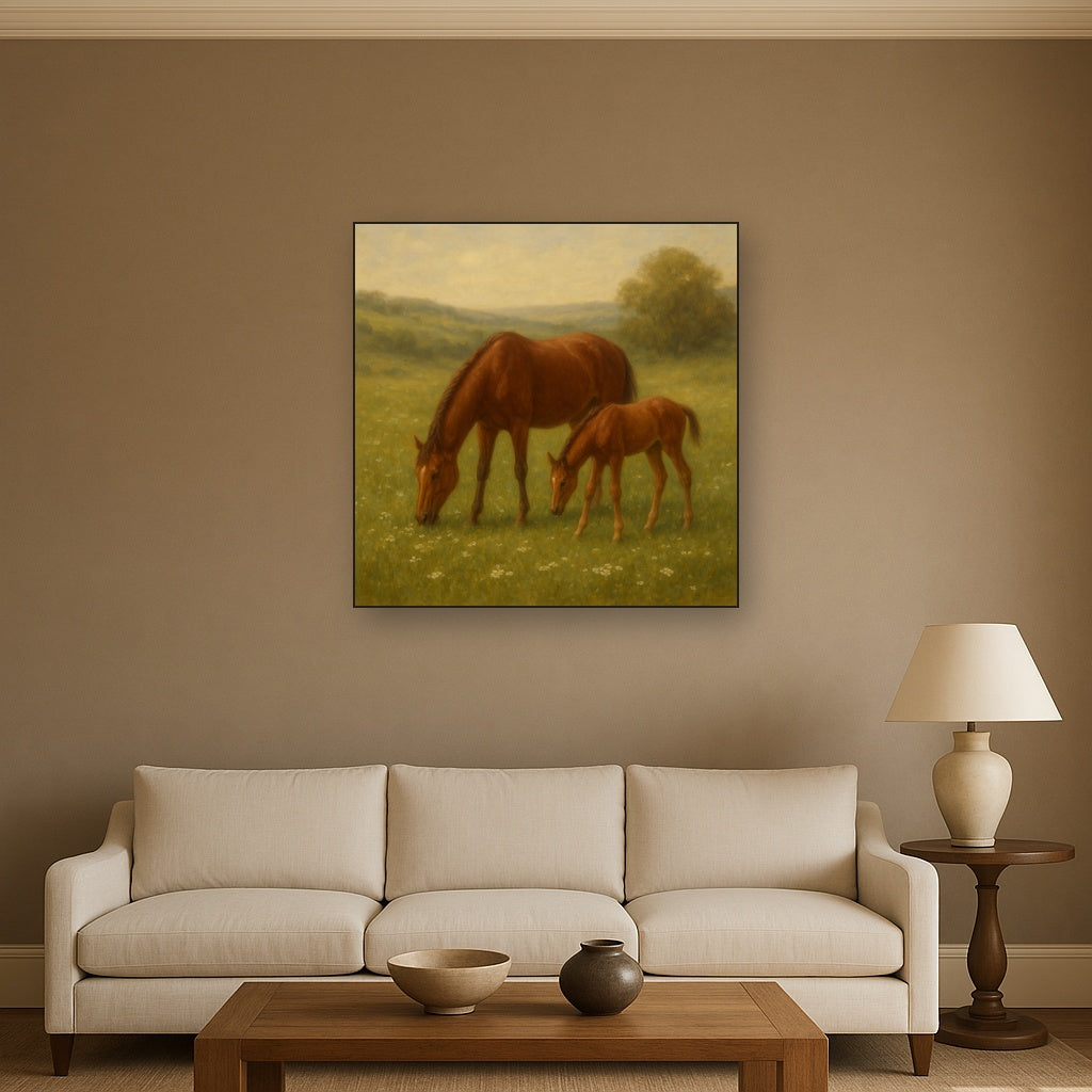 Mares & Foals Grazing in Rolling Meadow No. 14 Oil Painting - View 2