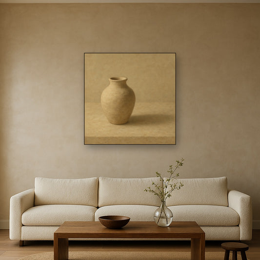 Organic Clay Vessel & Solitary Shadow No. 17 Oil Painting Staged Above Sectional Sofa in Living Room, Hand Painted Canvas Wall Art for Home Decor