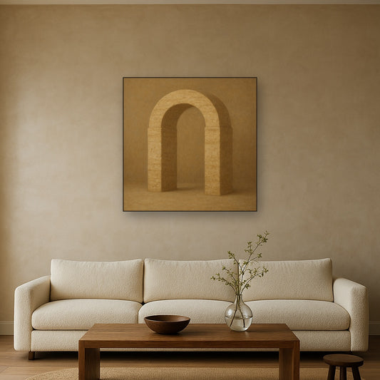 Travertine Stone Arch & Earth Tones No. 24 Oil Painting Staged Above Sectional Sofa in Living Room, Hand Painted Canvas Wall Art for Home Decor