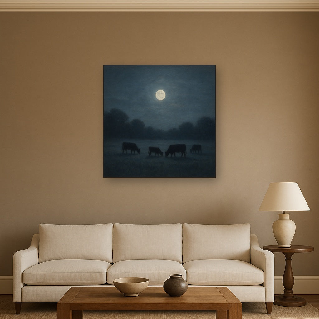 Moonlit Pastoral Meadow & Cattle Silhouettes No. 10 Oil Painting - View 2