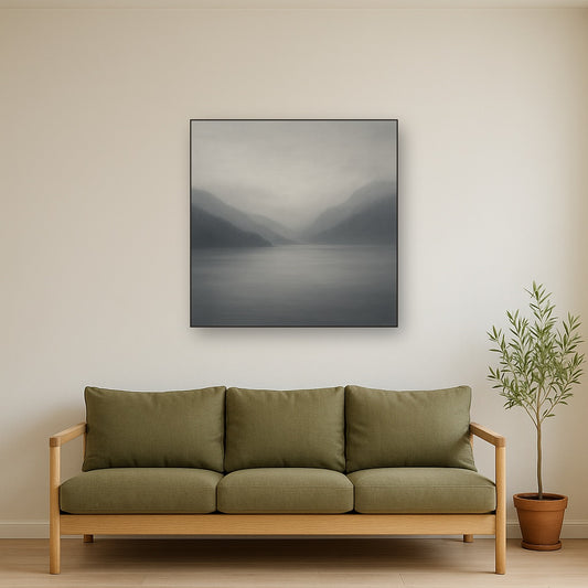 Misty Fjord Horizon in Monochromatic Slate No. 19 Oil Painting Staged Above Sectional Sofa in Living Room, Hand Painted Canvas Wall Art for Home Decor