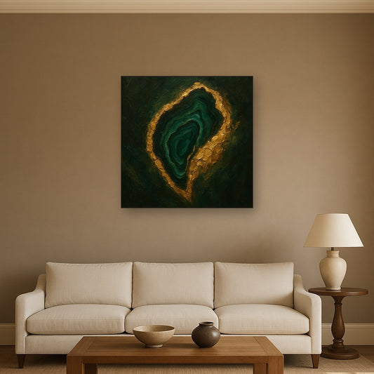 Forest Malachite & Gilded Geode Oil Painting - Styled in Modern Living Room