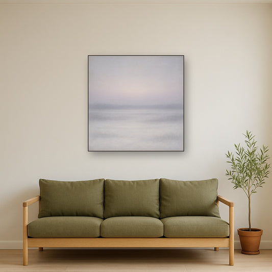Winter Dawn Frost & Pale Silver Light No. 19 Oil Painting Staged Above Sectional Sofa in Living Room, Hand Painted Canvas Wall Art for Home Decor
