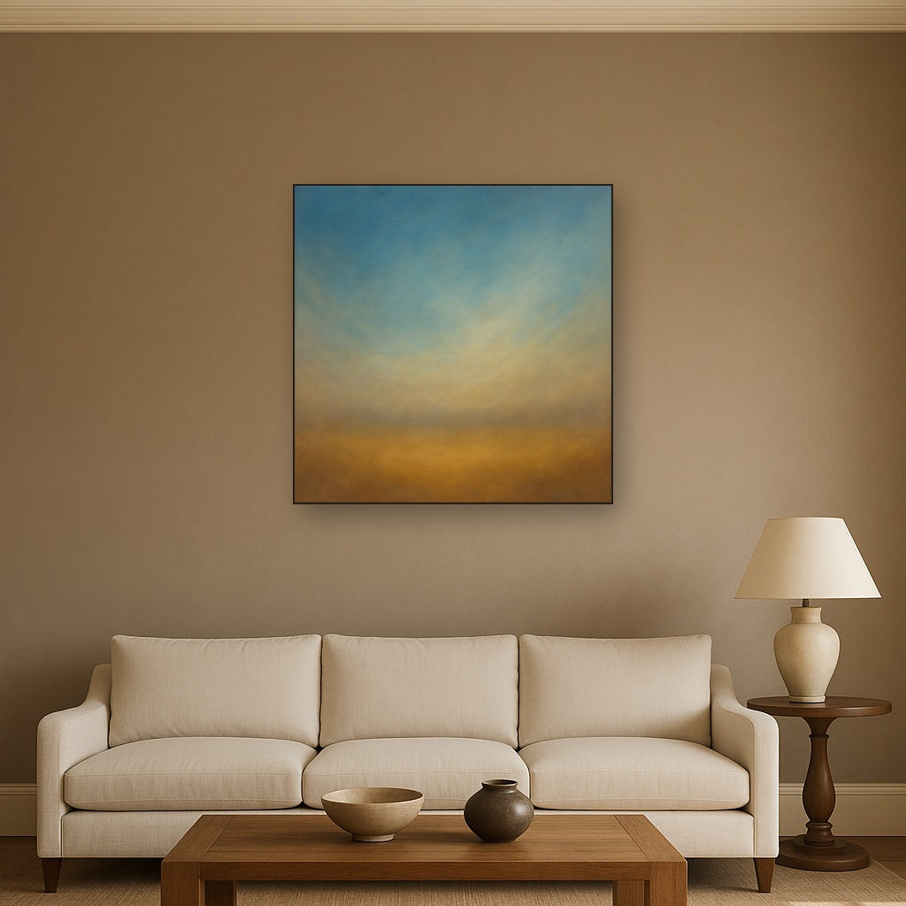 Celestial Azure & Warm Ochre Equilibrium No. 5 Oil Painting Staged Above Sectional Sofa in Living Room, Hand Painted Canvas Wall Art for Home Decor