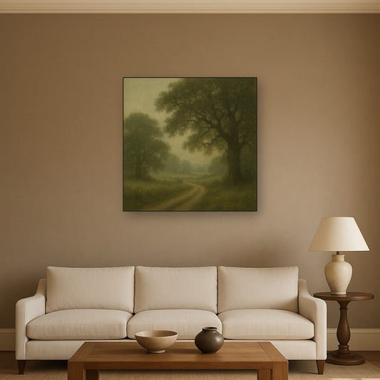 Misty English Countryside Lane No. 4 Oil Painting Staged Above Sectional Sofa in Living Room, Hand Painted Canvas Wall Art for Home Decor