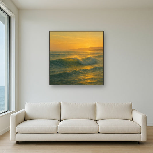 Golden Hour Sunlight on Ocean Swells No. 15 Oil Painting Staged Above Sectional Sofa in Living Room, Hand Painted Canvas Wall Art for Home Decor