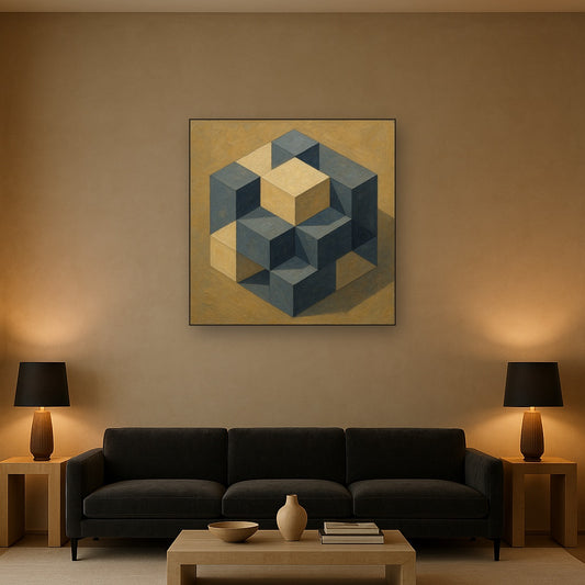 Isometric Modernist Cube Abstraction No. 6 Oil Painting - Styled in Modern Living Room