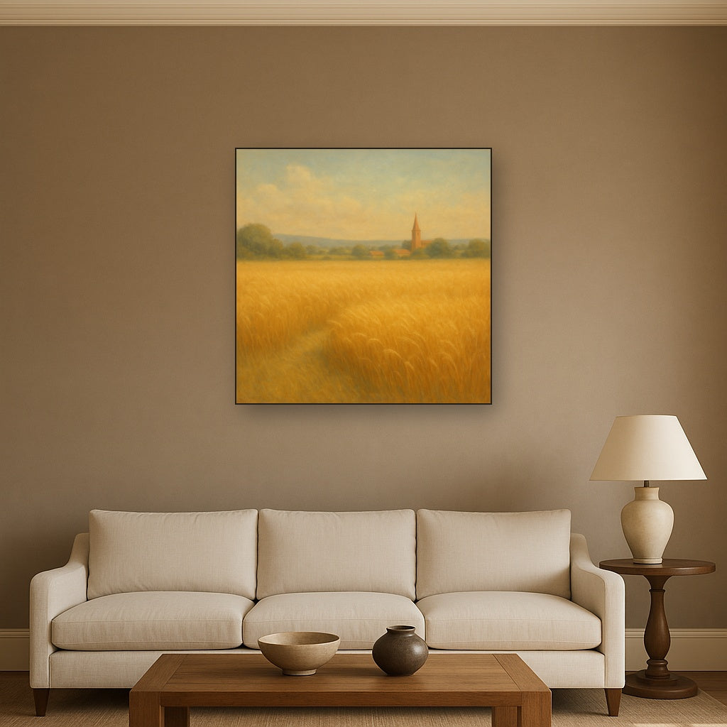 Sun-Drenched Wheatfield & Distant Village No. 8 Oil Painting Staged Above Sectional Sofa in Living Room, Hand Painted Canvas Wall Art for Home Decor