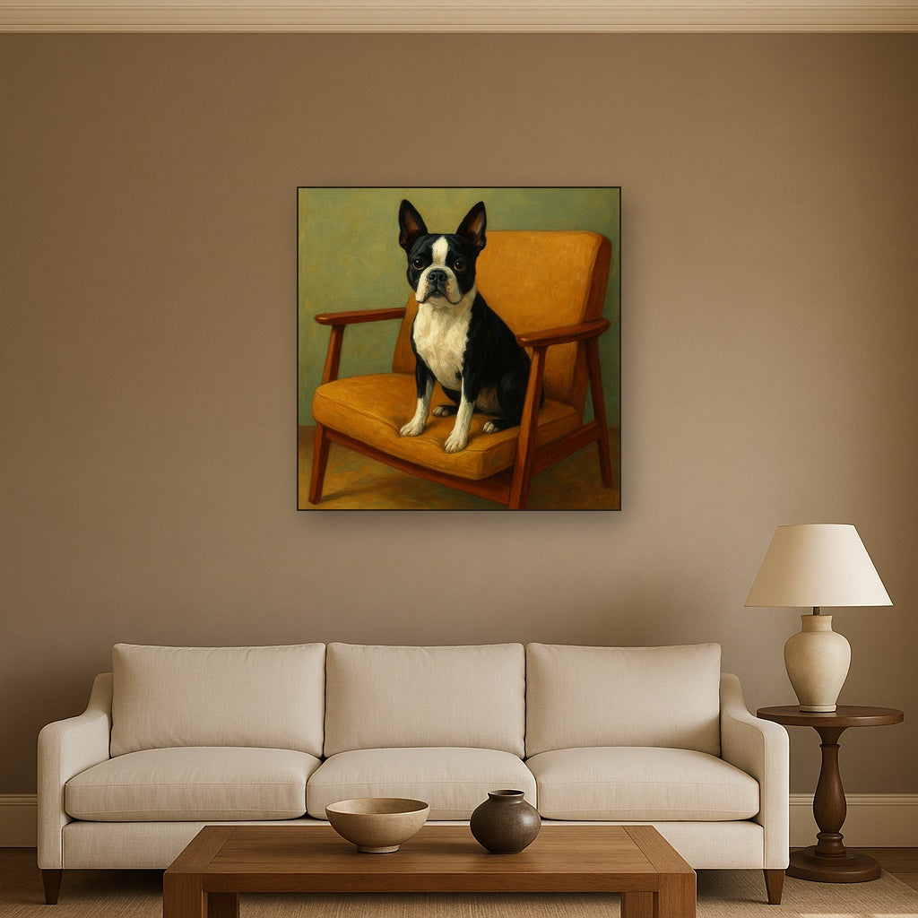 Boston Terrier in Warm Mid-Century Armchair No. 10 Fine Art Oil Painting - View 2