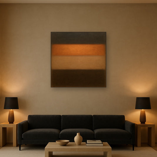 Charcoal Slate & Burnished Copper Horizon No. 4 Oil Painting Staged Above Sectional Sofa in Living Room, Hand Painted Canvas Wall Art for Home Decor