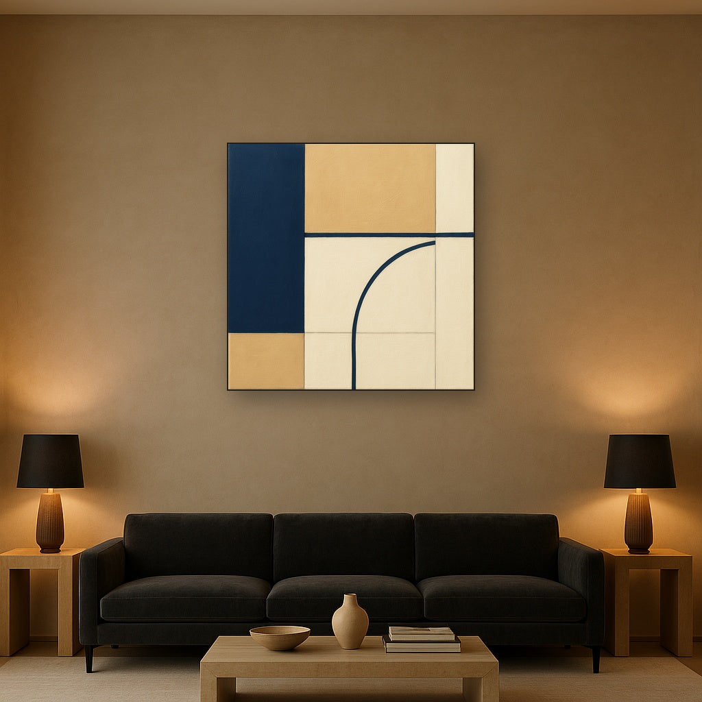 Navy & Warm Beige Geometric Line Balance No. 13 Fine Art Oil Painting - View 2