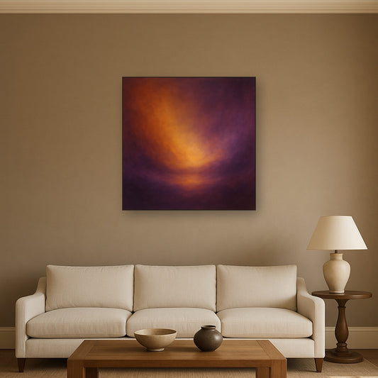 Burnt Amber & Velvet Amethyst Atmosphere No. 18 Oil Painting Staged Above Sectional Sofa in Living Room, Hand Painted Canvas Wall Art for Home Decor