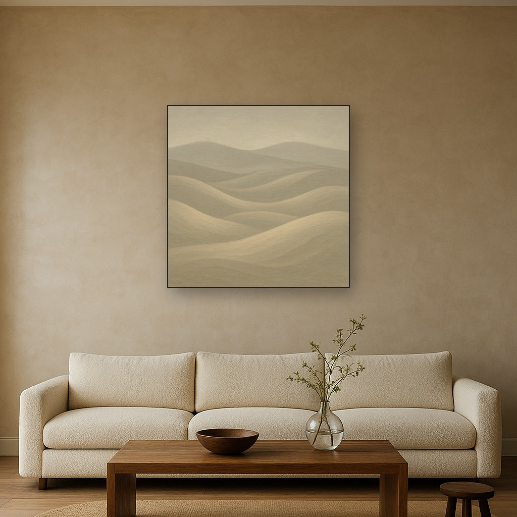 Monochrome Sand Dune Contours & Pale Slate No. 30 Oil Painting Staged Above Sectional Sofa in Living Room, Hand Painted Canvas Wall Art for Home Decor