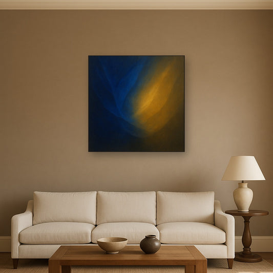 Lapis Lazuli & Golden Ochre Luminous Field No. 15 Oil Painting Staged Above Sectional Sofa in Living Room, Hand Painted Canvas Wall Art for Home Decor