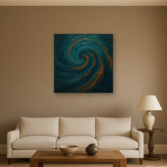 Peacock Teal & Liquid Copper Swirl No. 2 Oil Painting - Styled in Modern Living Room
