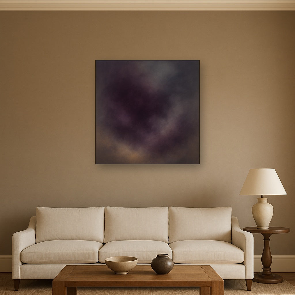 Gilded Plum & Soft Smoke Cloud Harmony No. 18 Oil Painting Staged Above Sectional Sofa in Living Room, Hand Painted Canvas Wall Art for Home Decor