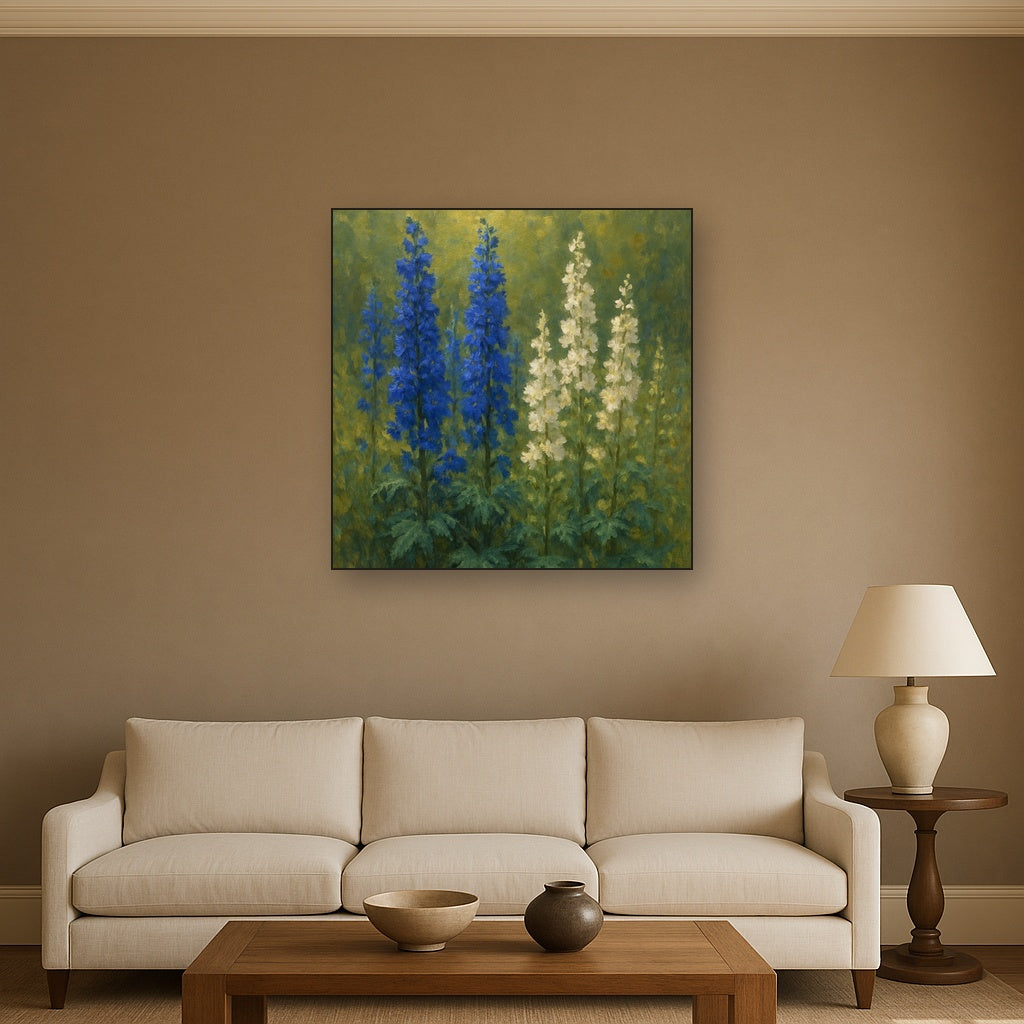 Wild Blue Delphiniums & White Larkspur Garden Fine Art Oil Painting - View 2