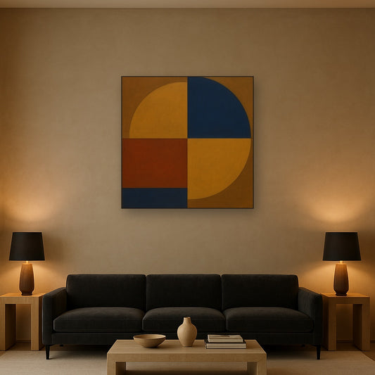 Bauhaus Quadrant Harmony in Primary Earth Tones No. 17 Oil Painting Staged Above Sectional Sofa in Living Room, Hand Painted Canvas Wall Art for Home Decor