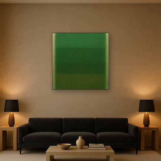Forest Emerald & Deep Moss Contemplative Field No. 15 Oil Painting Staged Above Sectional Sofa in Living Room, Hand Painted Canvas Wall Art for Home Decor