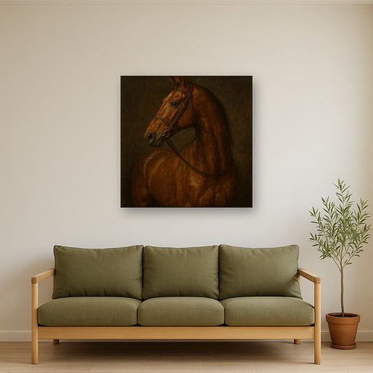Vintage Equestrian Thoroughbred Portrait No. 5 Oil Painting - Styled in Modern Living Room