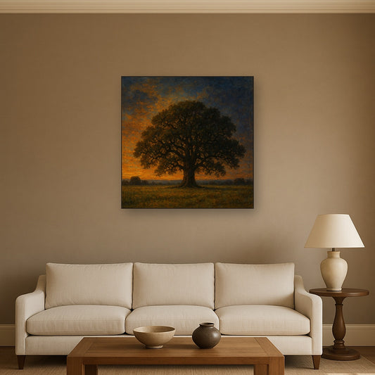 Solitary Oak at Twilight Landscape Oil Painting - Styled in Modern Living Room