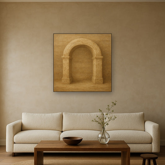 Travertine Stone Arch & Earth Tones No. 27 Oil Painting Staged Above Sectional Sofa in Living Room, Hand Painted Canvas Wall Art for Home Decor