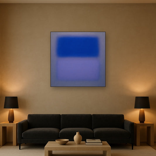 Cobalt Azure & Twilight Lavender Immersion No. 19 Oil Painting Staged Above Sectional Sofa in Living Room, Hand Painted Canvas Wall Art for Home Decor