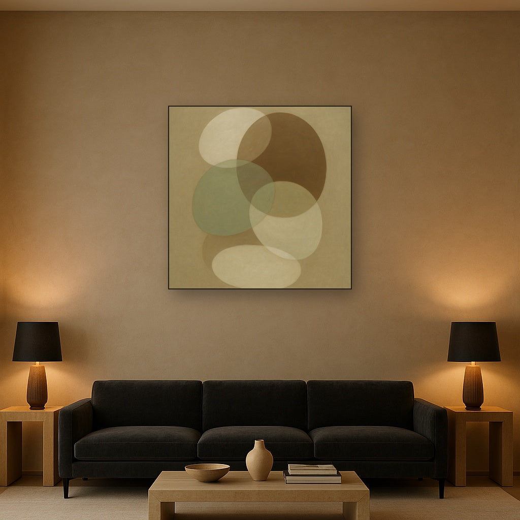 Floating Ellipse Harmony in Walnut & Pale Sage No. 24 Oil Painting Staged Above Sectional Sofa in Living Room, Hand Painted Canvas Wall Art for Home Decor