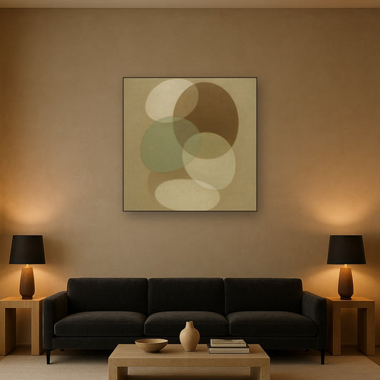 Floating Ellipse Harmony in Walnut & Pale Sage No. 24 Oil Painting Staged Above Sectional Sofa in Living Room, Hand Painted Canvas Wall Art for Home Decor