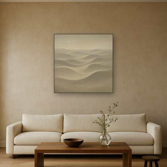 Monochrome Sand Dune Contours & Pale Slate No. 19 Oil Painting Staged Above Sectional Sofa in Living Room, Hand Painted Canvas Wall Art for Home Decor