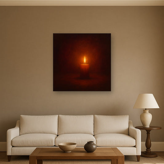 Deep Garnet & Amber Candlelight Horizon No. 12 Oil Painting Staged Above Sectional Sofa in Living Room, Hand Painted Canvas Wall Art for Home Decor