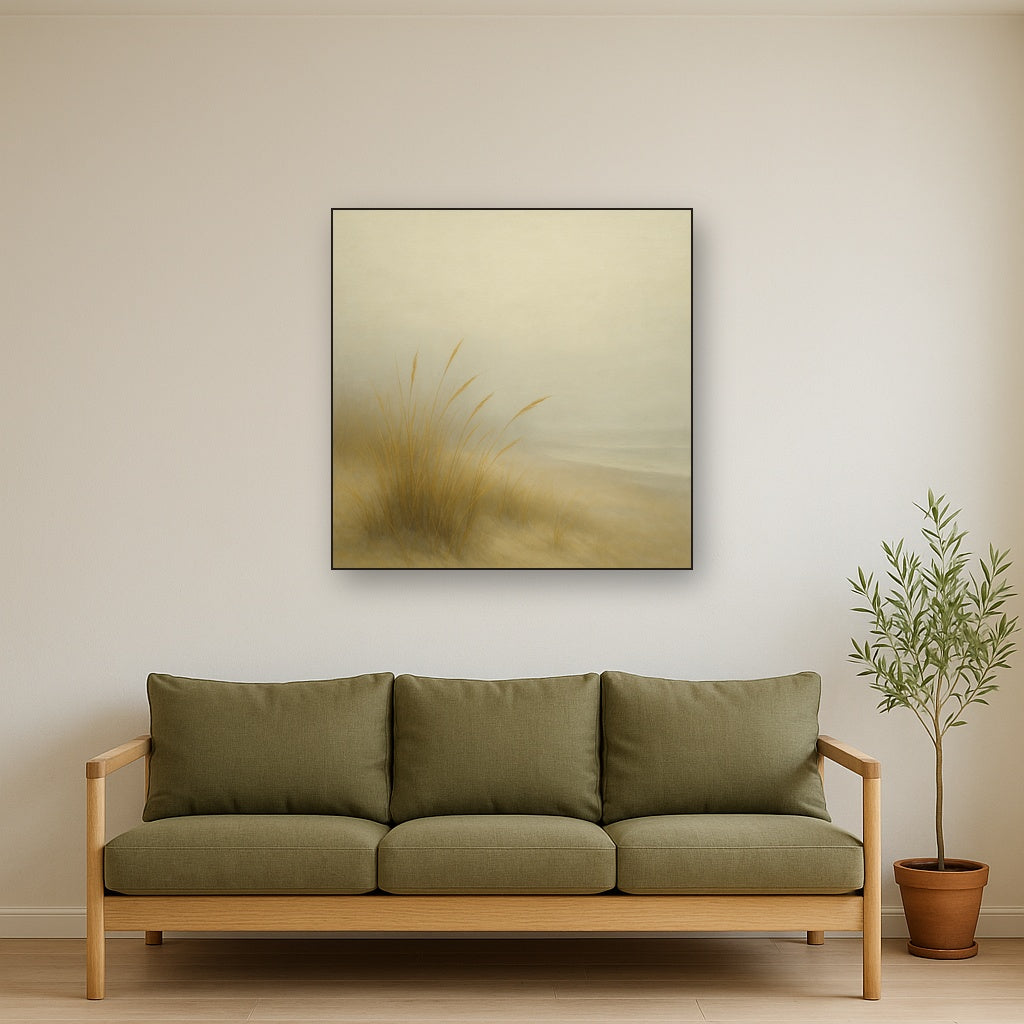 Silent Dune Grass in November Sea Fog No. 16 Oil Painting Staged Above Sectional Sofa in Living Room, Hand Painted Canvas Wall Art for Home Decor